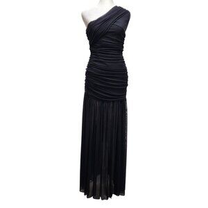 One-Shoulder Black Ruched Evening Gown With Sheer Skirt Size S